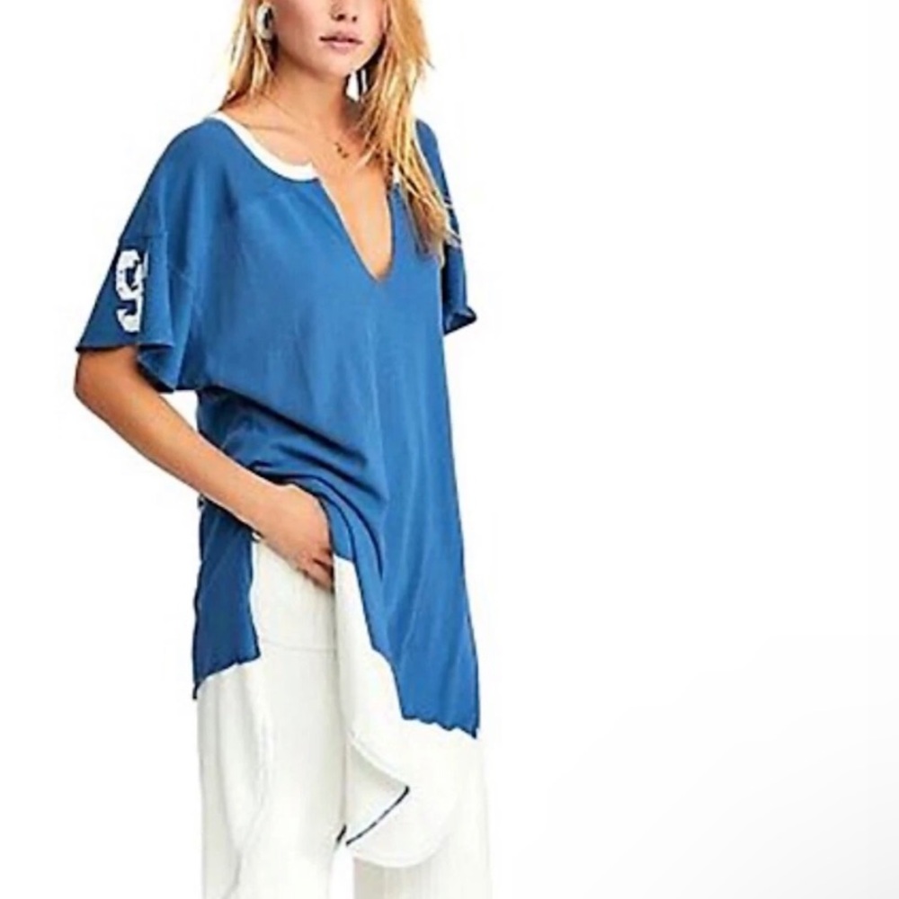 Free People We The Free Blue Hail Mary Jersey Tee Tunic Top
